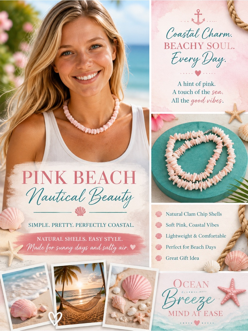 Pink Beach Nautical Beach Clam Chip Shell Stacked Necklace